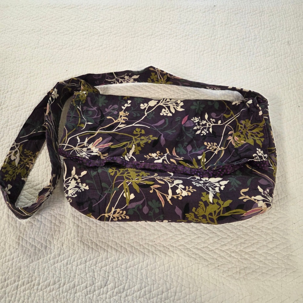 Purple Floral Cotton Messenger Bag Boho Botanical Crossbody Flap Purse